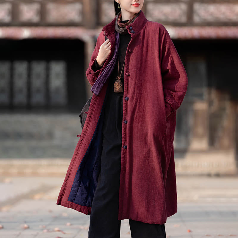 Buddha Stones Winter Solid Frog-Button Ramie Cotton Women's Long Sleeve Thermal Coat With Pockets - image 12