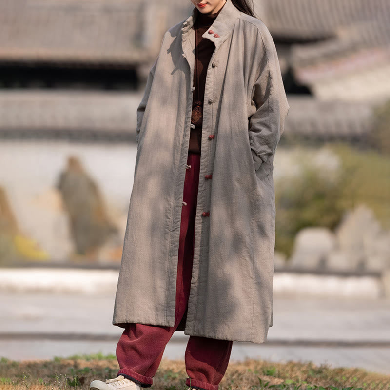 Buddha Stones Winter Solid Frog-Button Ramie Cotton Women's Long Sleeve Thermal Coat With Pockets - image 32