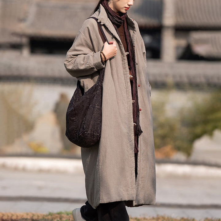 Buddha Stones Winter Solid Frog-Button Ramie Cotton Women's Long Sleeve Thermal Coat With Pockets - image 26