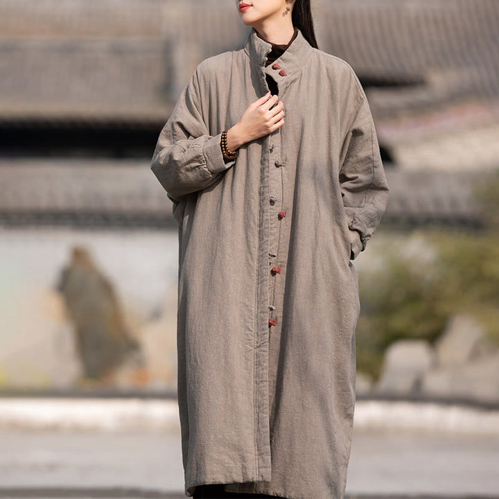 Buddha Stones Winter Solid Frog-Button Ramie Cotton Women's Long Sleeve Thermal Coat With Pockets - image 30