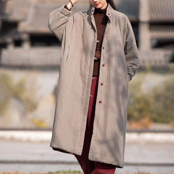 Buddha Stones Winter Solid Frog-Button Ramie Cotton Women's Long Sleeve Thermal Coat With Pockets - image 29