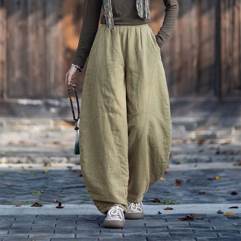 Buddha Stones Winter Elastic Waist Ramie Cotton Thermal Women's Pants With Pockets - image 4