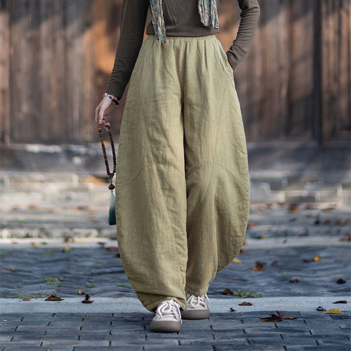 Buddha Stones Winter Elastic Waist Ramie Cotton Thermal Women's Pants With Pockets - image 4