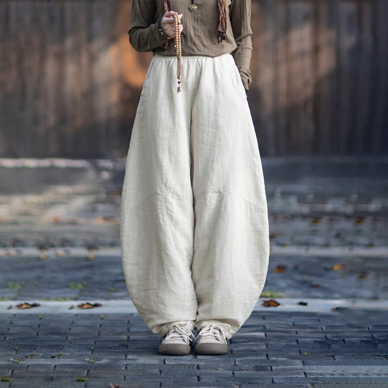 Buddha Stones Winter Elastic Waist Ramie Cotton Thermal Women's Pants With Pockets - image 11