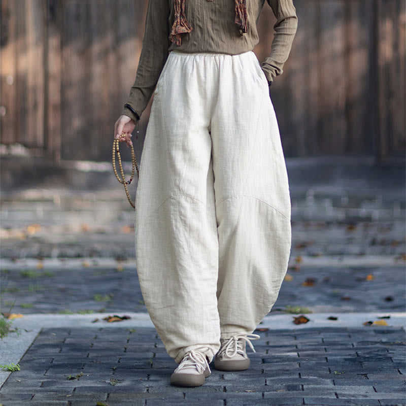 Buddha Stones Winter Elastic Waist Ramie Cotton Thermal Women's Pants With Pockets - image 13