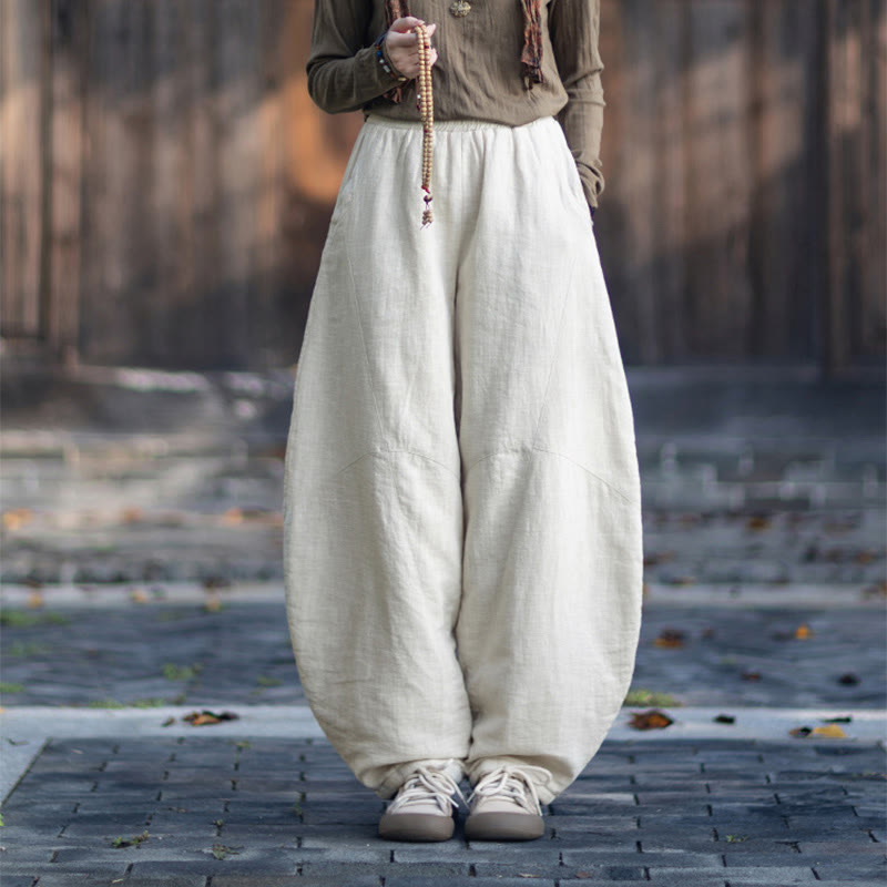 Buddha Stones Winter Elastic Waist Ramie Cotton Thermal Women's Pants With Pockets - image 10