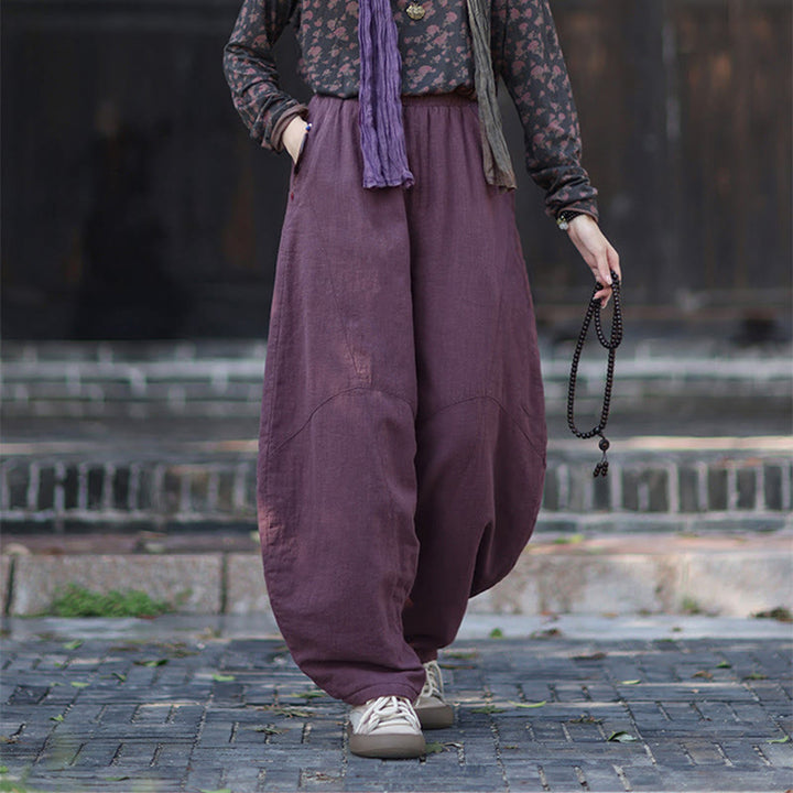 Buddha Stones Winter Elastic Waist Ramie Cotton Thermal Women's Pants With Pockets - image 17