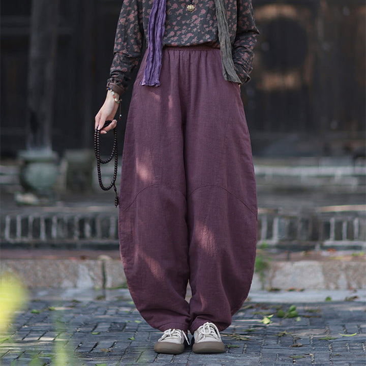 Buddha Stones Winter Elastic Waist Ramie Cotton Thermal Women's Pants With Pockets - image 19