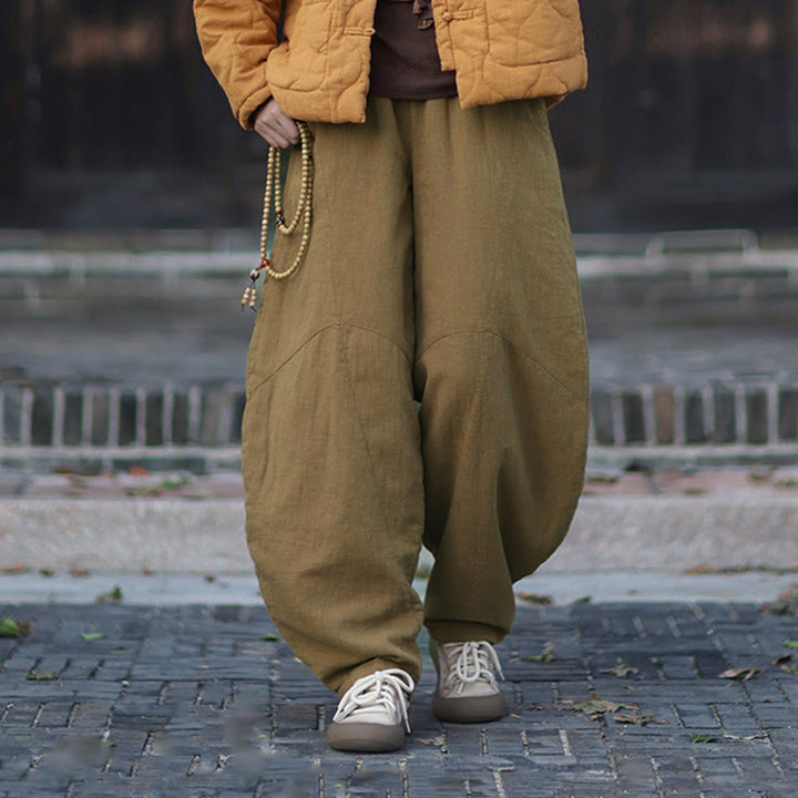 Buddha Stones Winter Elastic Waist Ramie Cotton Thermal Women's Pants With Pockets - image 38