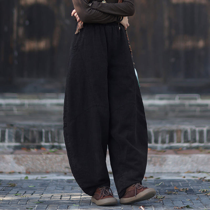 Buddha Stones Winter Elastic Waist Ramie Cotton Thermal Women's Pants With Pockets - image 42