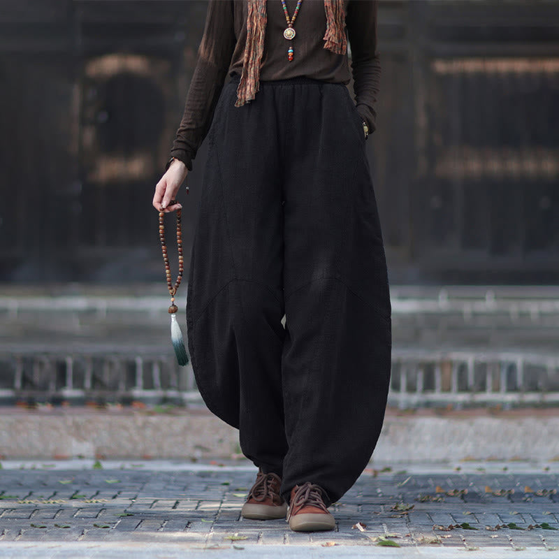 Buddha Stones Winter Elastic Waist Ramie Cotton Thermal Women's Pants With Pockets - image 44