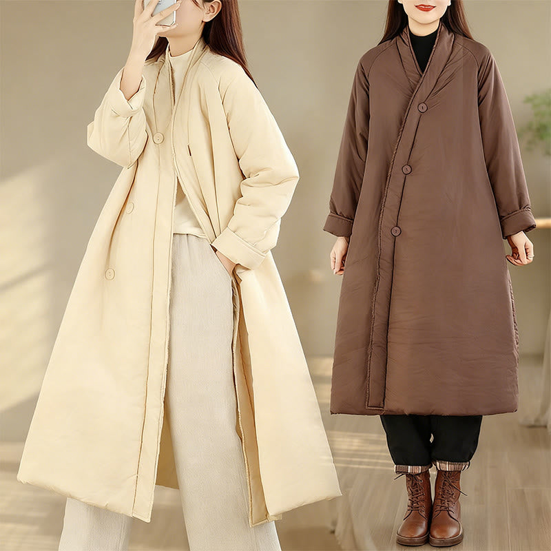 Buddha Stones Winter V-Neck Buttons Long Sleeve Thermal Women's Cotton Coat With Pockets - image 19