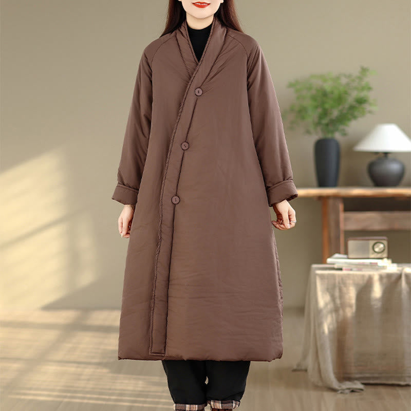Buddha Stones Winter V-Neck Buttons Long Sleeve Thermal Women's Cotton Coat With Pockets - Sienna - US14，UK/AU18，EU46 (2XL) - image 0