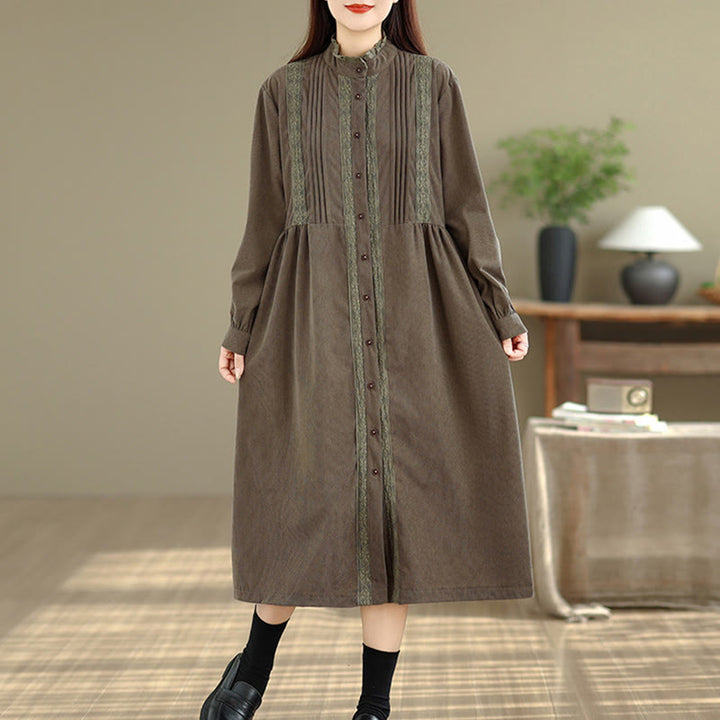 Buddha Stones Winter Pleated Buttons Down Long Sleeve Corduroy Women's Midi Dress With Pockets - image 5