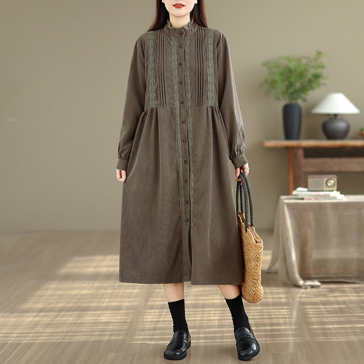Buddha Stones Winter Pleated Buttons Down Long Sleeve Corduroy Women's Midi Dress With Pockets - image 2