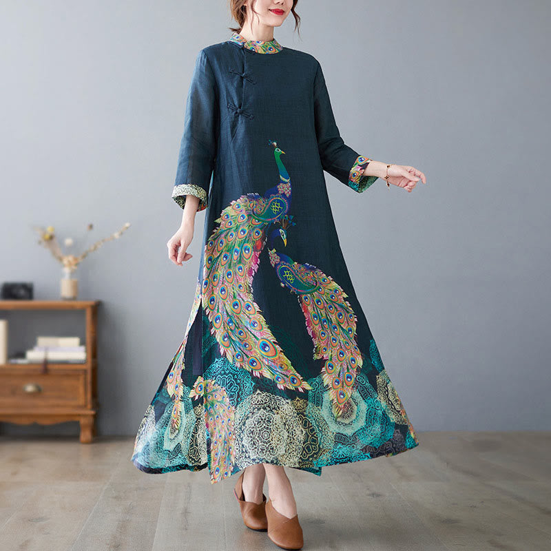 Buddha Stones Fall Colorful Peacocks Mandala Frog-Button Three Quarter Sleeve Cotton Women's Midi Dress - image 1