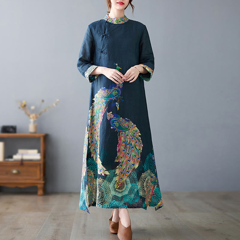 Buddha Stones Fall Colorful Peacocks Mandala Frog-Button Three Quarter Sleeve Cotton Women's Midi Dress - image 6