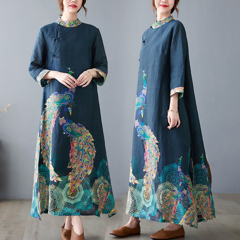 Buddha Stones Fall Colorful Peacocks Mandala Frog-Button Three Quarter Sleeve Cotton Women's Midi Dress - SteelBlue - US8-10，UK/AU12-14，EU40-42 (2XL) - image 0