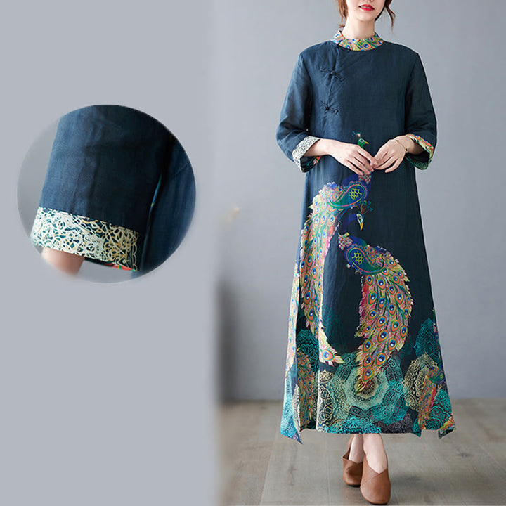 Buddha Stones Fall Colorful Peacocks Mandala Frog-Button Three Quarter Sleeve Cotton Women's Midi Dress - image 11