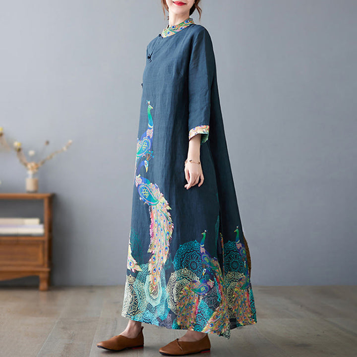 Buddha Stones Fall Colorful Peacocks Mandala Frog-Button Three Quarter Sleeve Cotton Women's Midi Dress - image 5