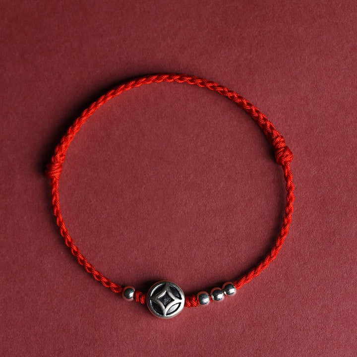 Buddha Stones 999 Sterling Silver Copper Coin Charm Handmade String Strength Bracelet Anklet - Red String Anklet(Circumference 22-30cm) - image 1