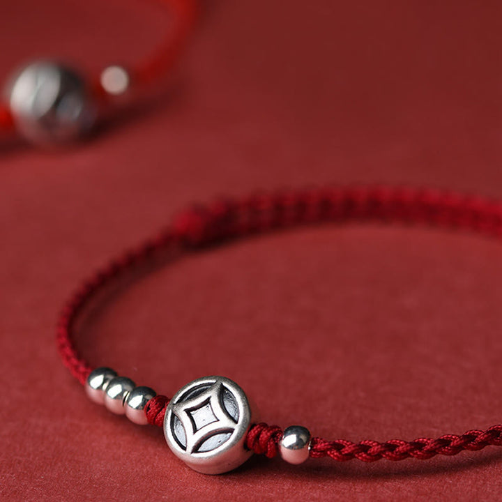 Buddha Stones 999 Sterling Silver Copper Coin Charm Handmade String Strength Bracelet Anklet - image 6