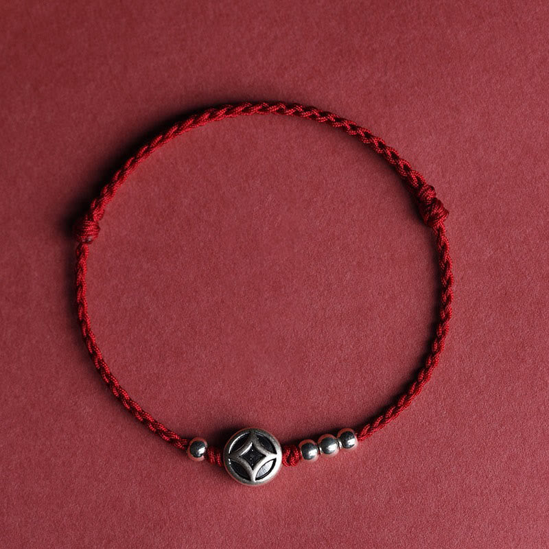 Buddha Stones 999 Sterling Silver Copper Coin Charm Handmade String Strength Bracelet Anklet - Darkred String Anklet(Circumference 22-30cm) - image 12