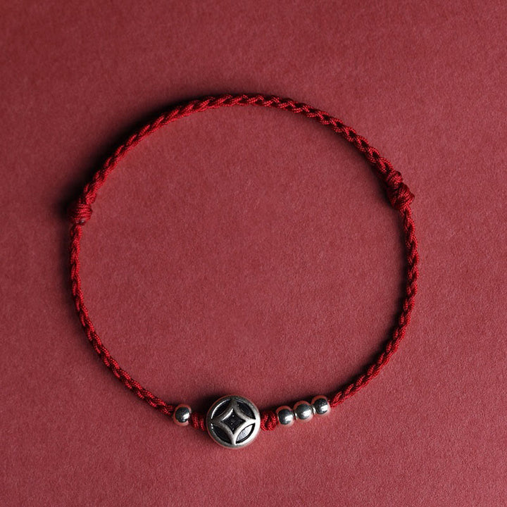 Buddha Stones 999 Sterling Silver Copper Coin Charm Handmade String Strength Bracelet Anklet - Darkred String Anklet(Circumference 22-30cm) - image 12