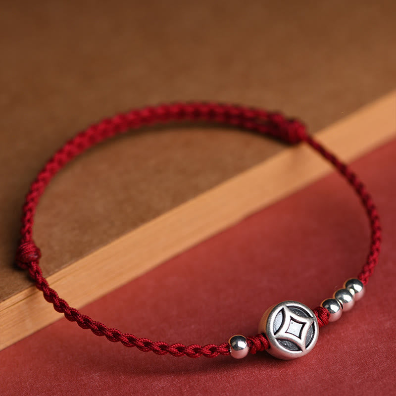 Buddha Stones 999 Sterling Silver Copper Coin Charm Handmade String Strength Bracelet Anklet - image 5