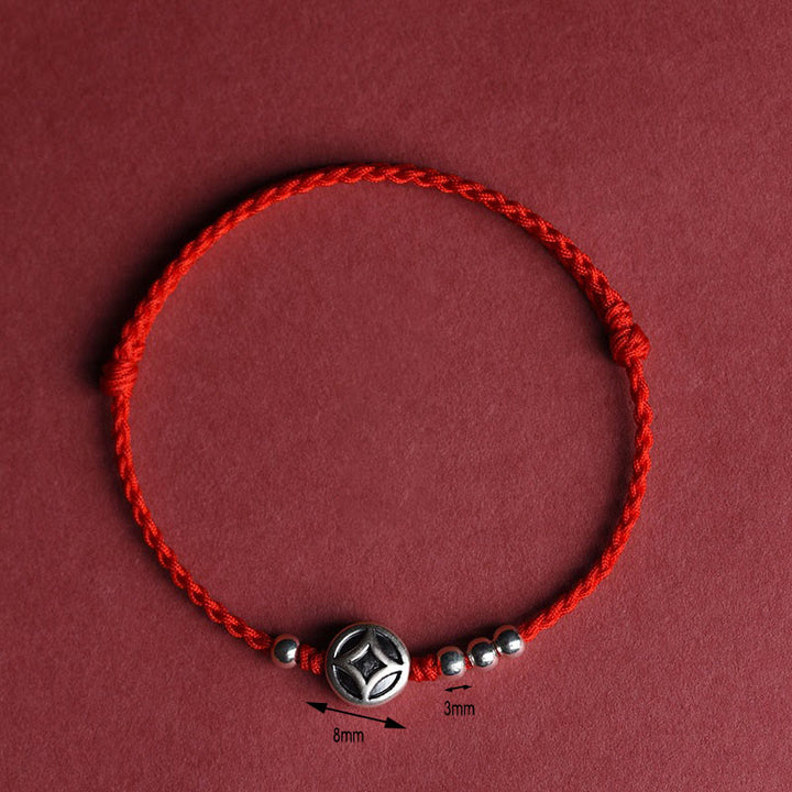 Buddha Stones 999 Sterling Silver Copper Coin Charm Handmade String Strength Bracelet Anklet - image 3