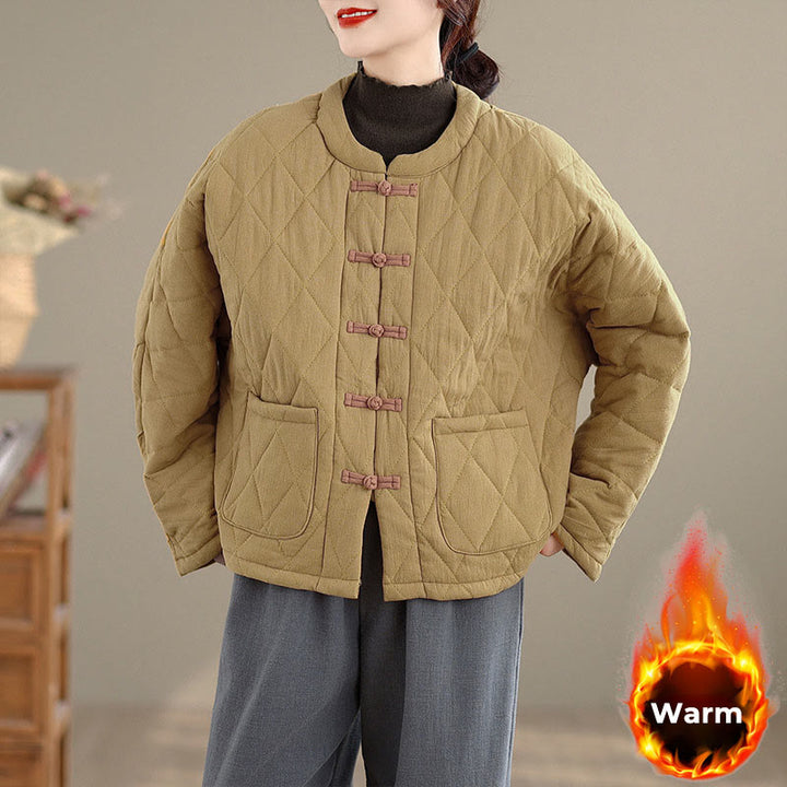 Buddha Stones Winter Frog-Button Diamond-shaped Lines Cotton Long Sleeve Women's Thermal Jacket With Pockets - DarkKhaki - US14，UK/AU18，EU46 (2XL) - image 6