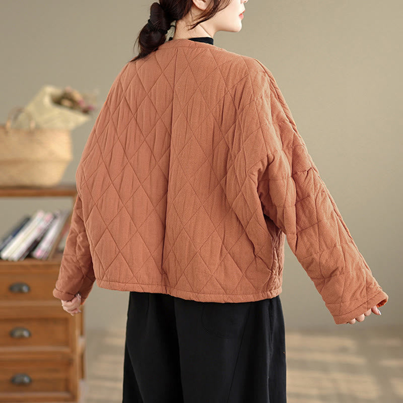 Buddha Stones Winter Frog-Button Diamond-shaped Lines Cotton Long Sleeve Women's Thermal Jacket With Pockets - image 3