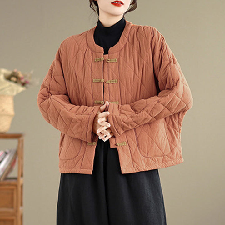 Buddha Stones Winter Frog-Button Diamond-shaped Lines Cotton Long Sleeve Women's Thermal Jacket With Pockets - image 2