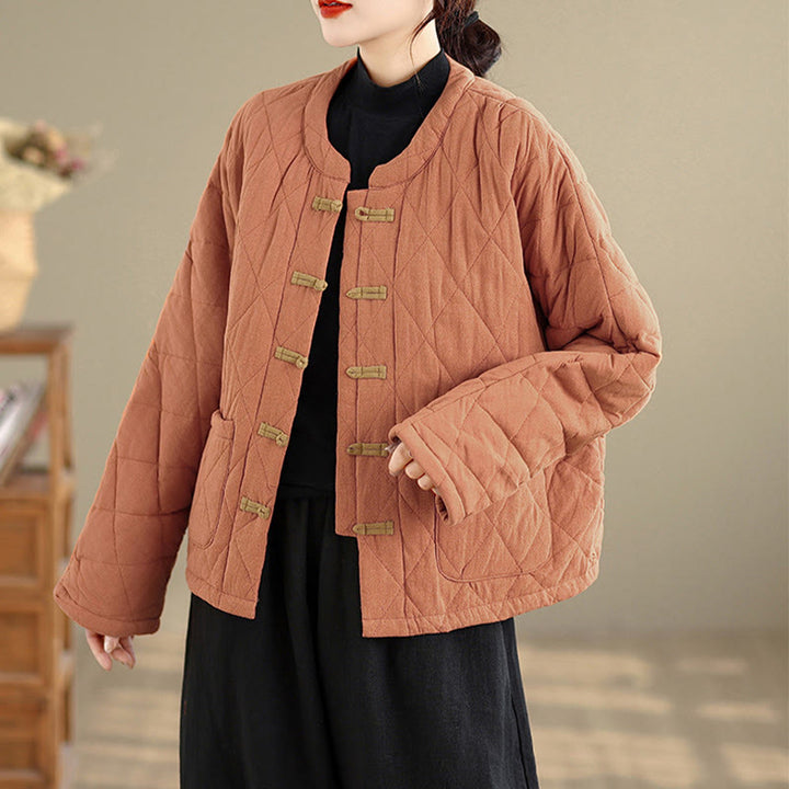 Buddha Stones Winter Frog-Button Diamond-shaped Lines Cotton Long Sleeve Women's Thermal Jacket With Pockets - image 4