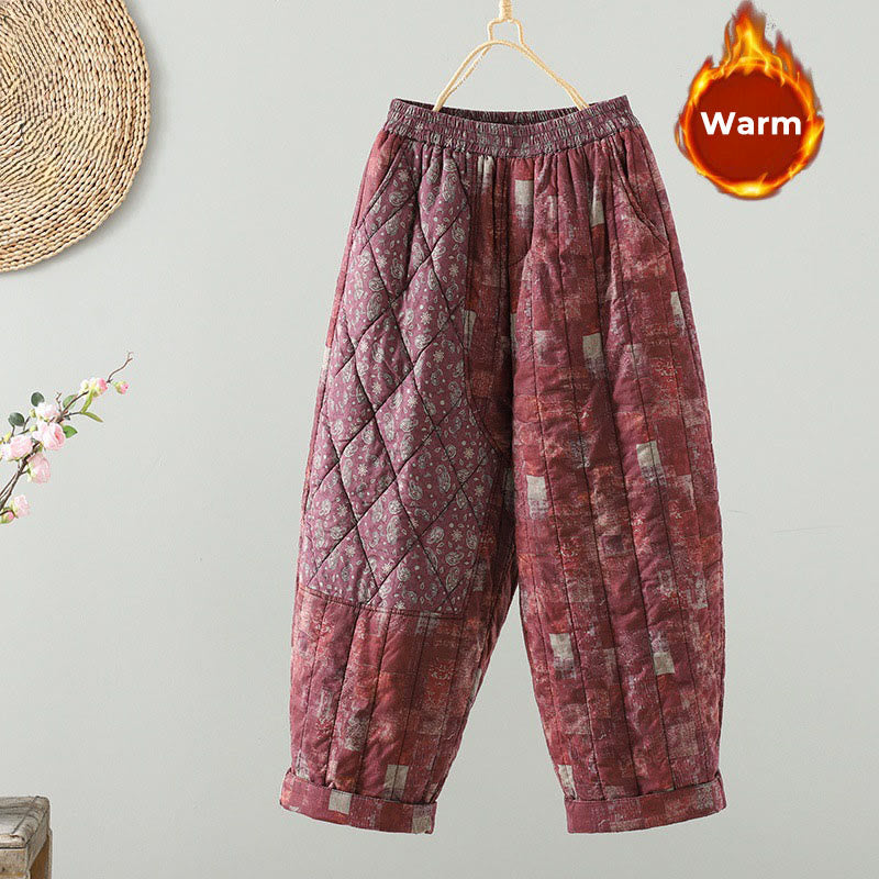 Buddha Stones Winter Square Diamond-shaped Patchwork Elastic Waist Women's Cotton Harem Pants With Pockets - PaleVioletRed - US8-10，UK/AU12-14，EU40-42 (2XL) - image 1