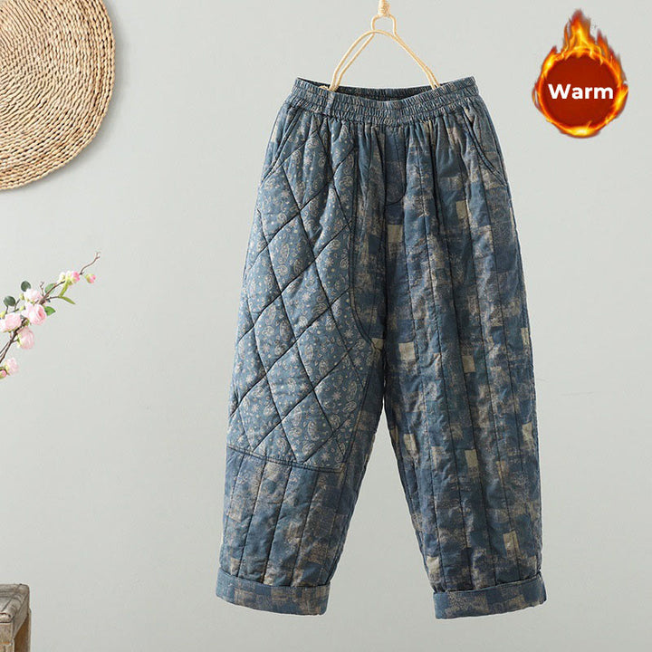 Buddha Stones Winter Square Diamond-shaped Patchwork Elastic Waist Women's Cotton Harem Pants With Pockets - SteelBlue - US8-10，UK/AU12-14，EU40-42 (2XL) - image 11