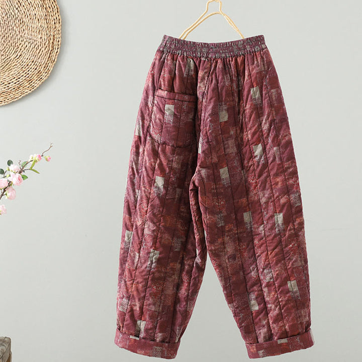 Buddha Stones Winter Square Diamond-shaped Patchwork Elastic Waist Women's Cotton Harem Pants With Pockets - image 2