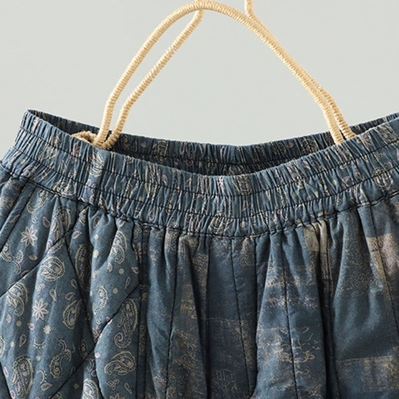 Buddha Stones Winter Square Diamond-shaped Patchwork Elastic Waist Women's Cotton Harem Pants With Pockets - image 12