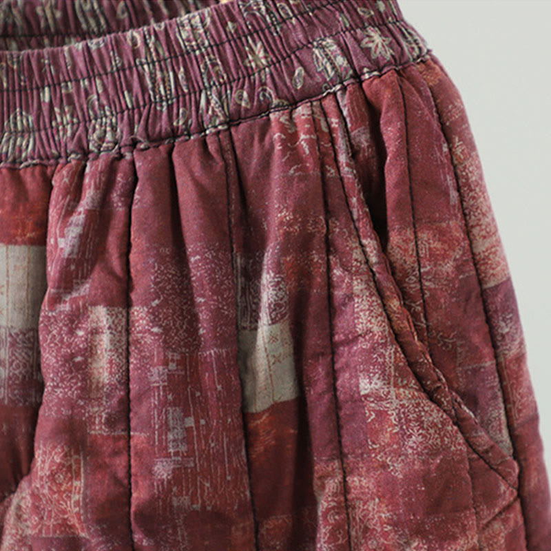 Buddha Stones Winter Square Diamond-shaped Patchwork Elastic Waist Women's Cotton Harem Pants With Pockets - image 6