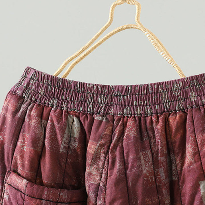 Buddha Stones Winter Square Diamond-shaped Patchwork Elastic Waist Women's Cotton Harem Pants With Pockets - image 4