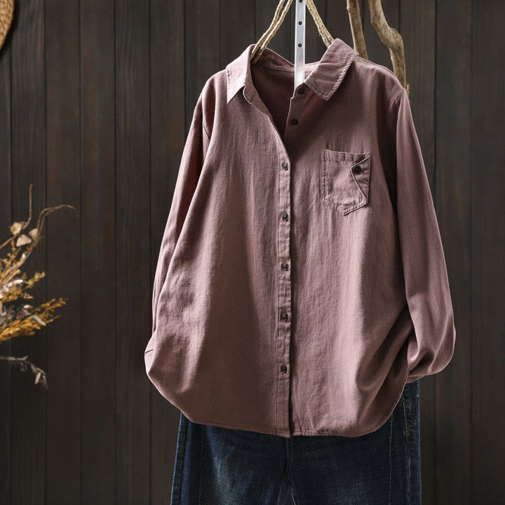 Buddha Stones Fall Buttons Down Pocket Decor Design Women's Stand Collar Long Sleeve Cotton Shirt - PaleVioletRed - US6，UK/AU10，EU38 (L) - image 16