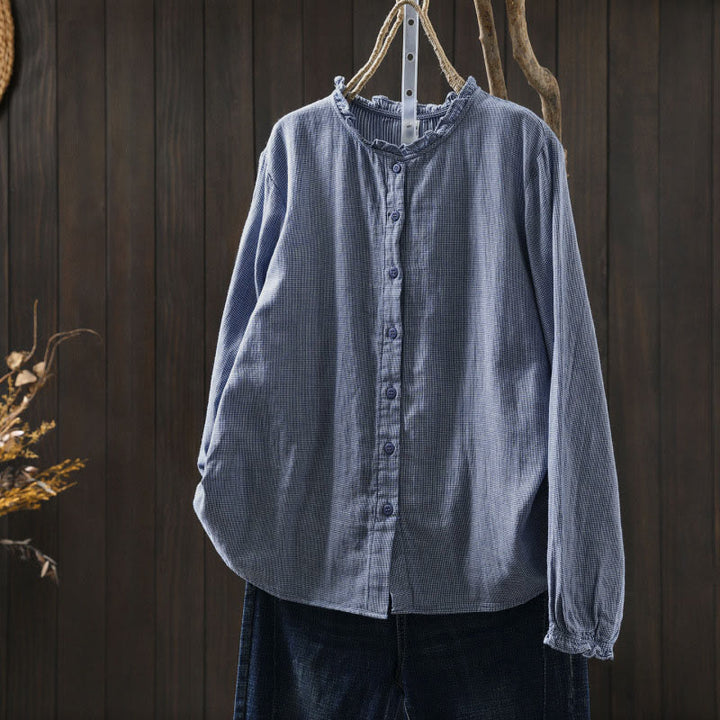 Buddha Stones Fall Small Plaid Button Down Ruffle Collar Long Sleeve Women's Cotton Shirt - CornflowerBlue - US6，UK/AU10，EU38 (L) - image 0
