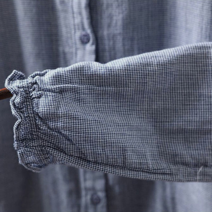 Buddha Stones Fall Small Plaid Button Down Ruffle Collar Long Sleeve Women's Cotton Shirt - image 10