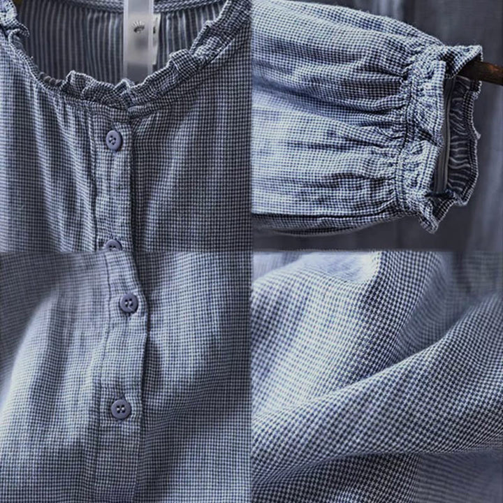 Buddha Stones Fall Small Plaid Button Down Ruffle Collar Long Sleeve Women's Cotton Shirt - image 11