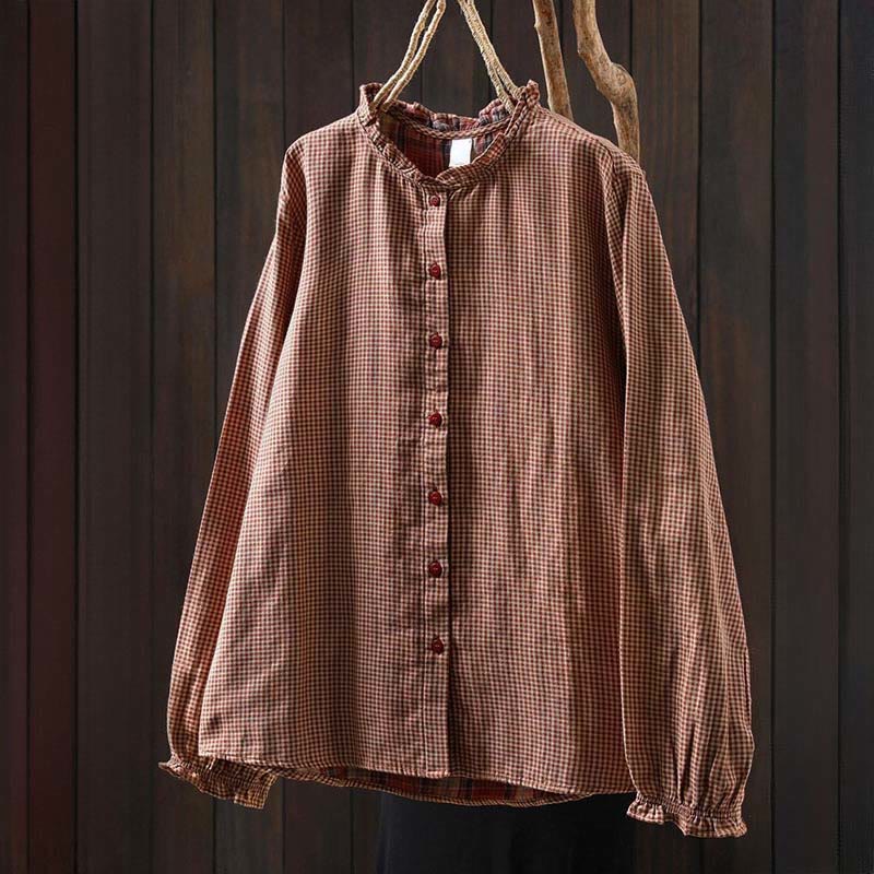Buddha Stones Fall Tiny Plaid Button Down Ruffle Collar Long Sleeve Women's Cotton Shirt - image 1