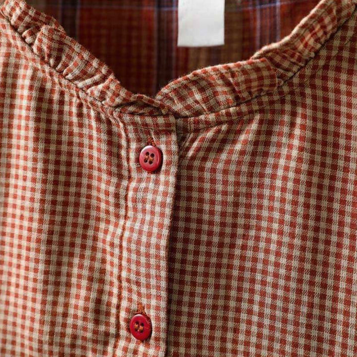 Buddha Stones Fall Tiny Plaid Button Down Ruffle Collar Long Sleeve Women's Cotton Shirt - image 5