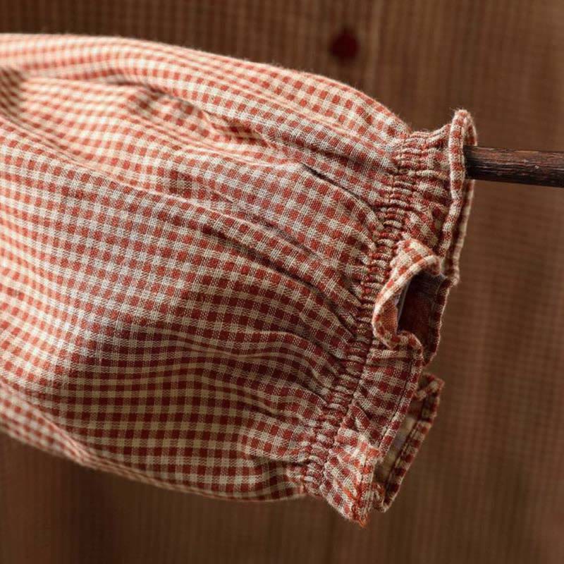 Buddha Stones Fall Tiny Plaid Button Down Ruffle Collar Long Sleeve Women's Cotton Shirt - image 10