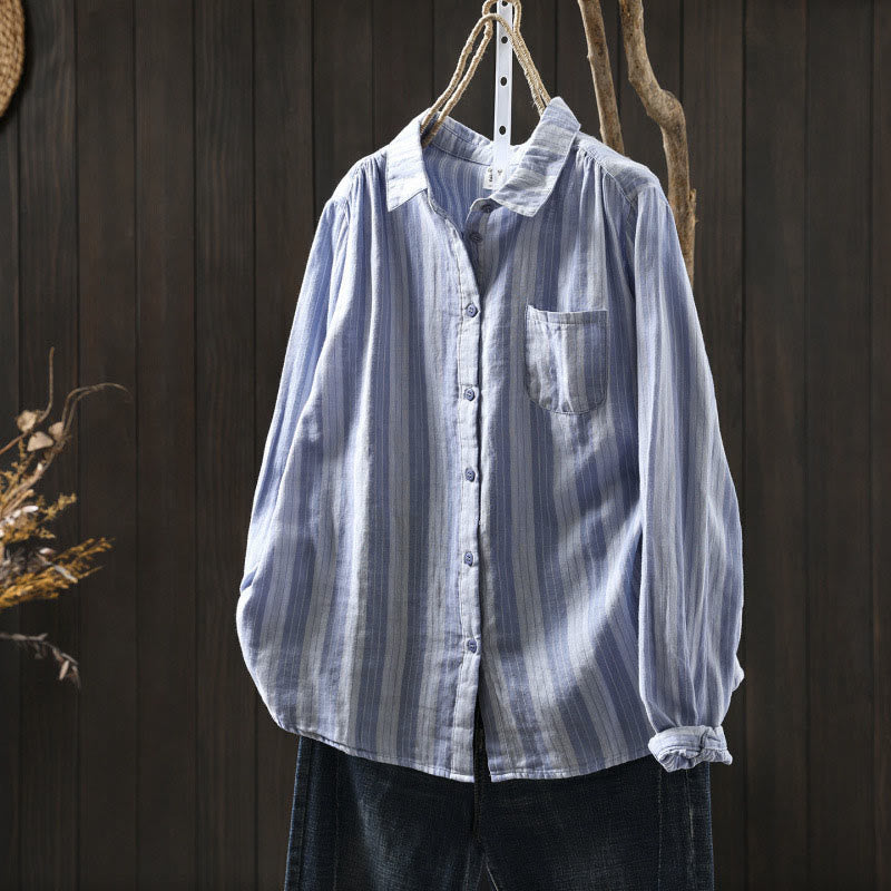 Buddha Stones Fall Vertical Stripes Button Down Stand Collar Long Sleeve Women's Cotton Shirt - LightSkyBlue - US6，UK/AU10，EU38 (L) - image 0