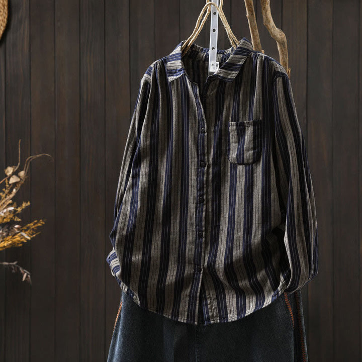 Buddha Stones Fall Vertical Stripes Button Down Stand Collar Long Sleeve Women's Cotton Shirt - LightSlateGray - US6，UK/AU10，EU38 (L) - image 27