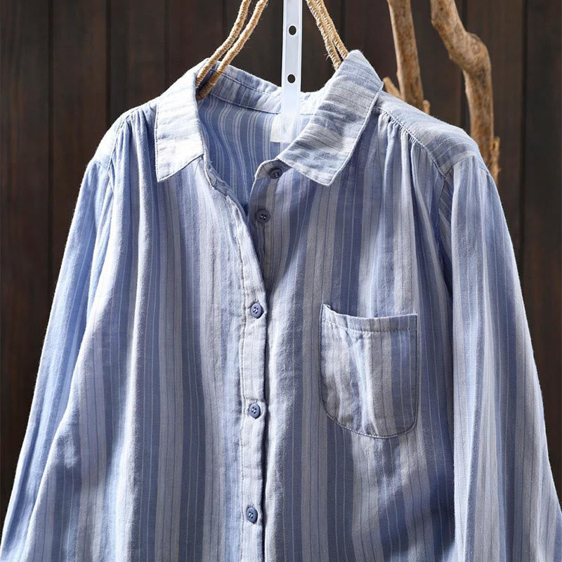 Buddha Stones Fall Vertical Stripes Button Down Stand Collar Long Sleeve Women's Cotton Shirt - image 2